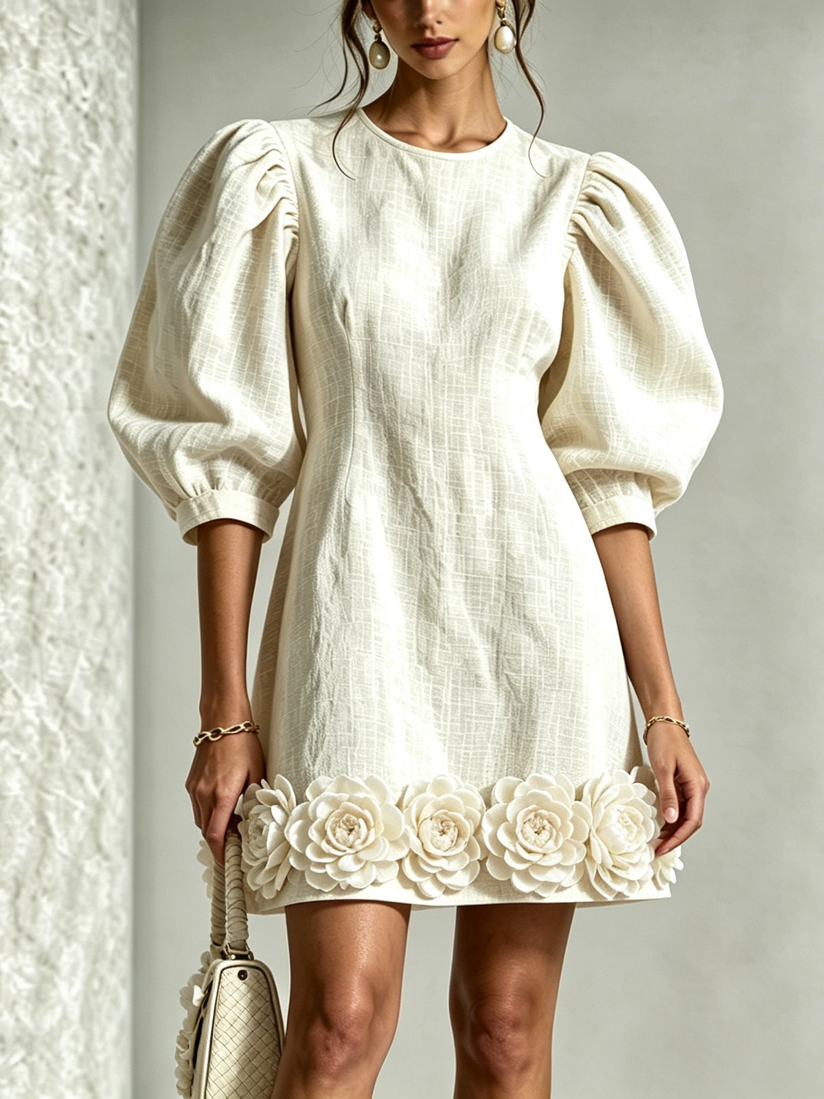 Blanche | Floral-Hem Puff-Sleeve Mini Dress