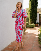 Zavienna | Abstract Print Puff Sleeve Ruched Midi Dress