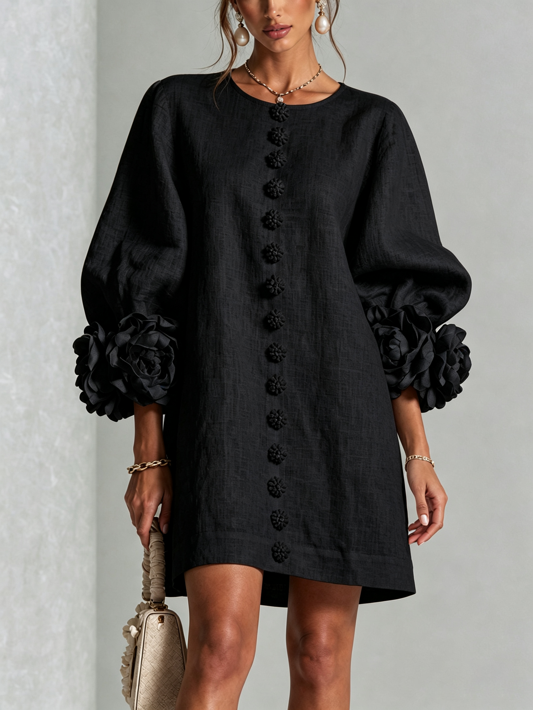 Rosamund | Floral-Cuff Button Mini Dress