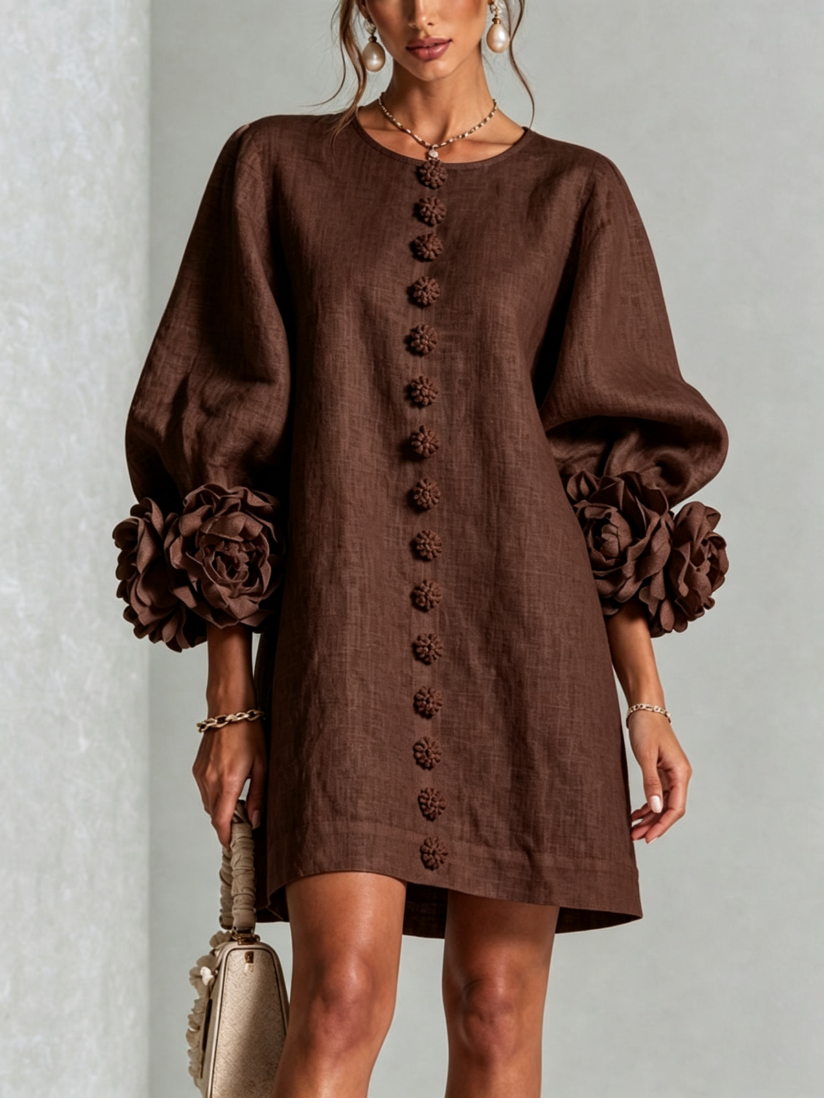 Aurora | Floral-Cuff Button Mini Dress