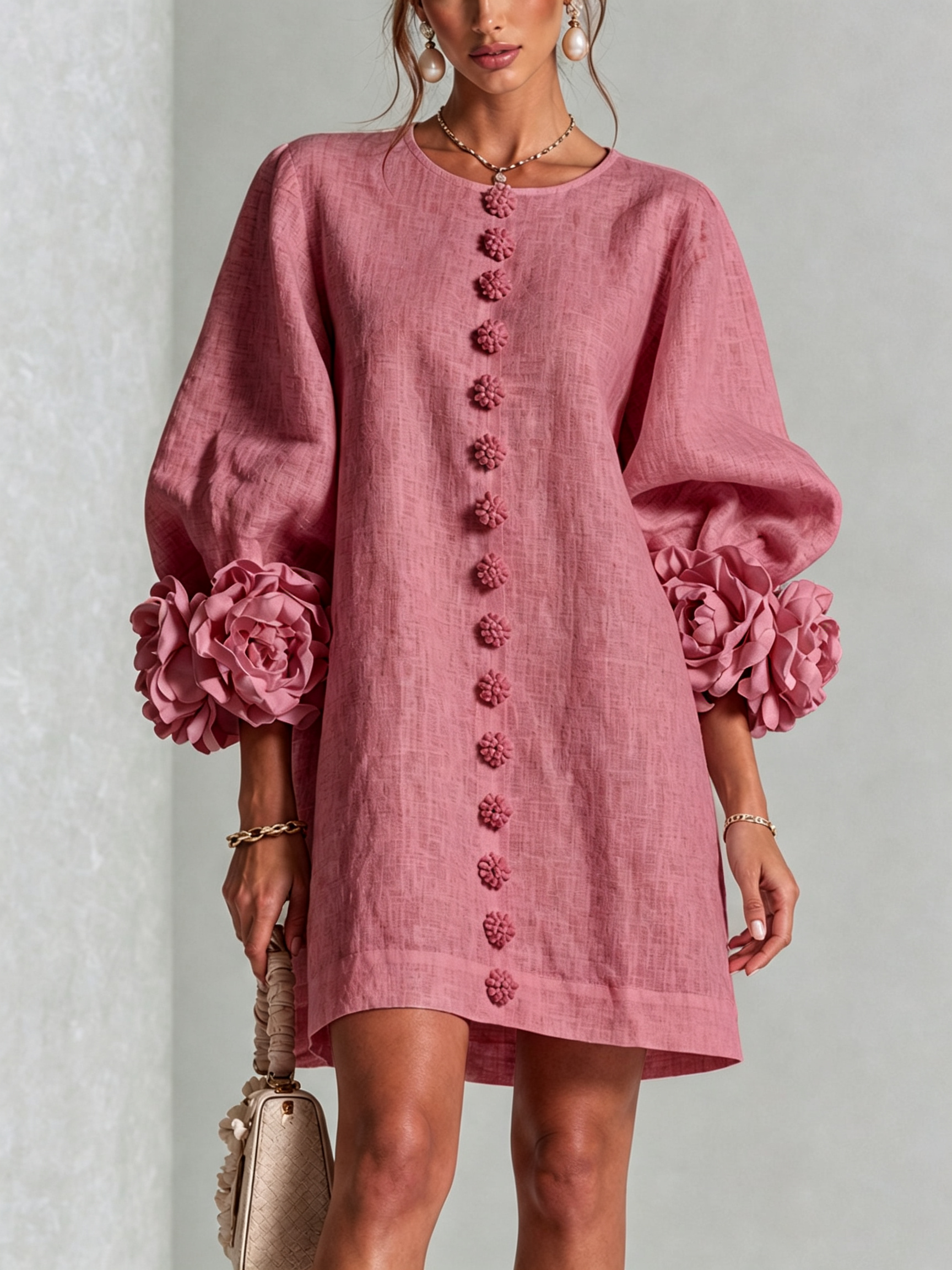 Aurora | Floral-Cuff Button Mini Dress