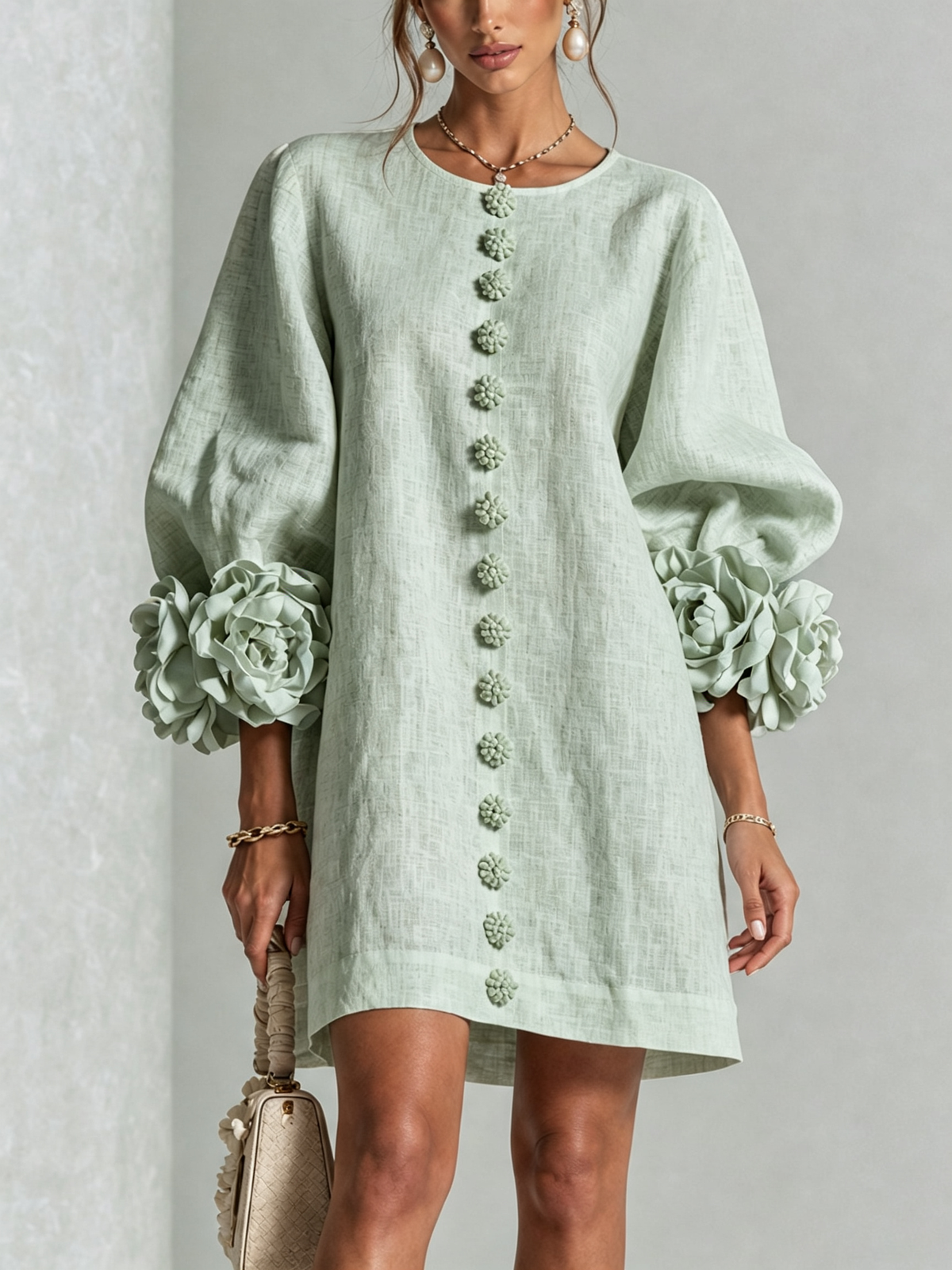 Aurora | Floral-Cuff Button Mini Dress