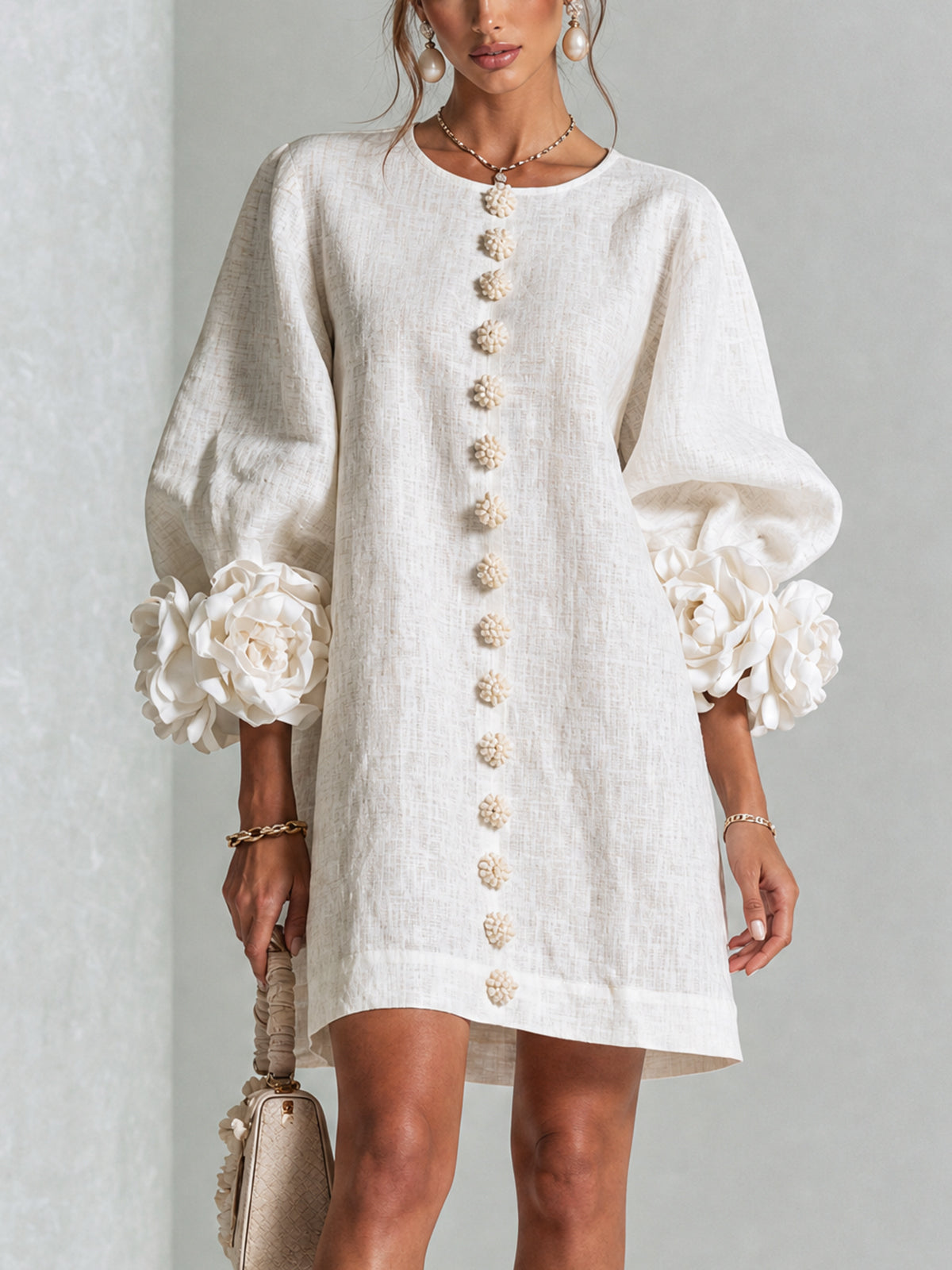Aurora | Floral-Cuff Button Mini Dress