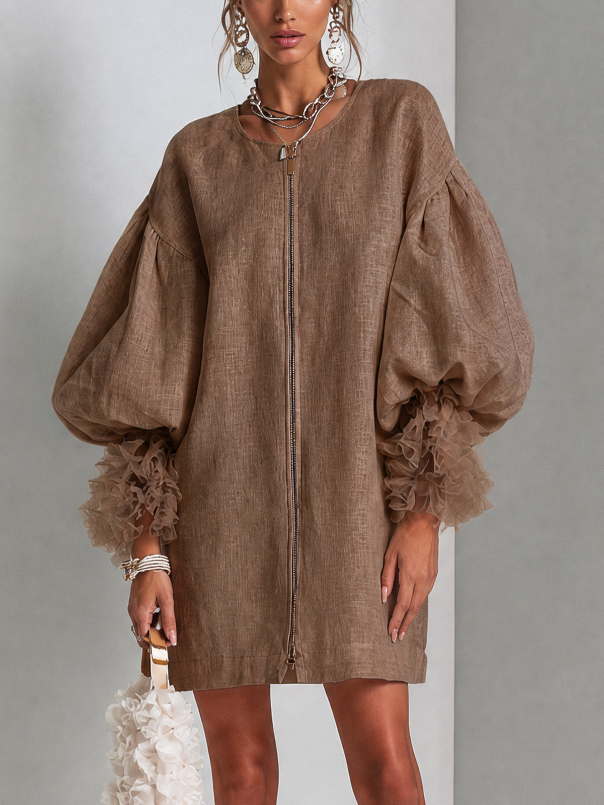 Rebecca | Zip-Front Balloon Sleeve Mini Dress