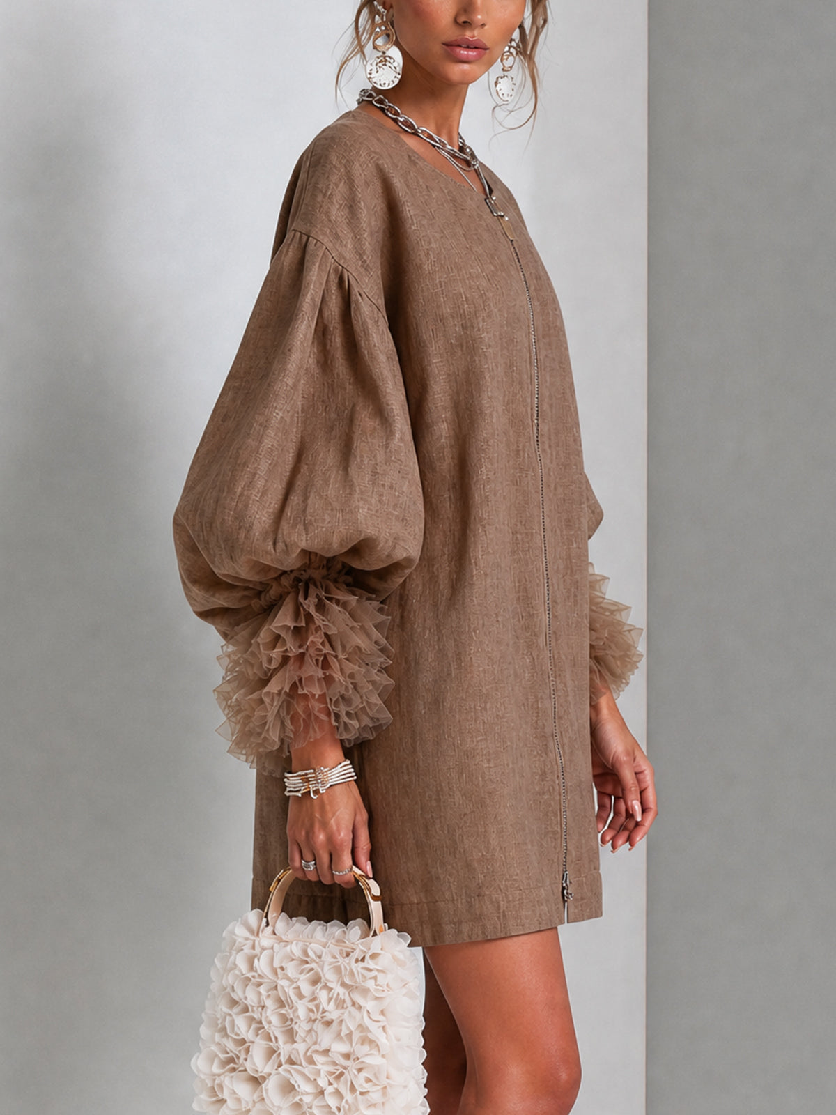 Rebecca | Zip-Front Balloon Sleeve Mini Dress