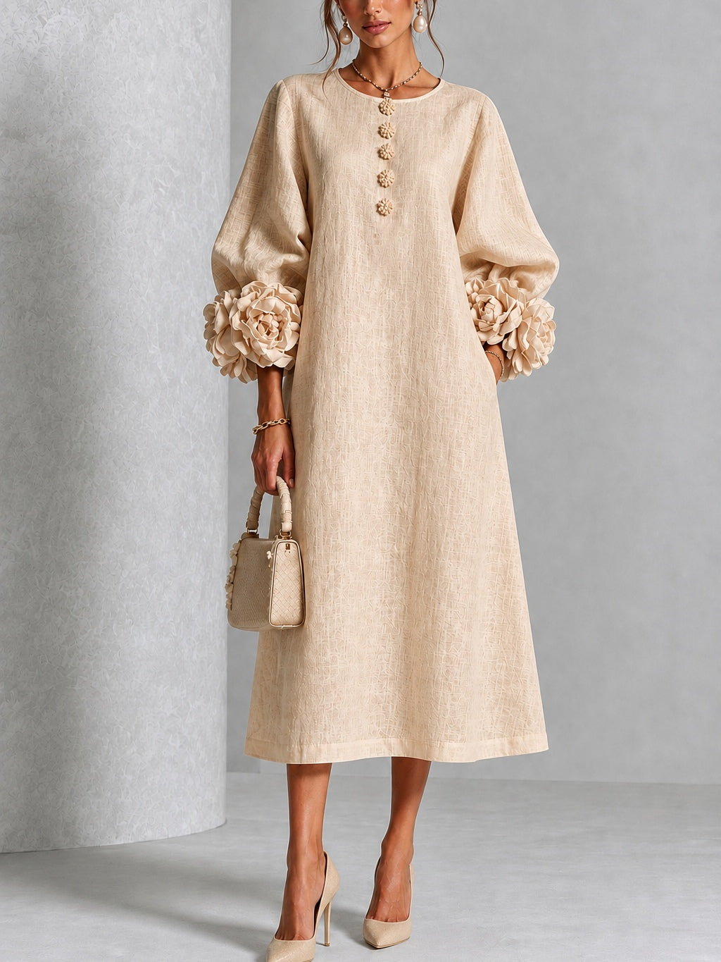 Rosanne | Rosette-Cuff Midi Dress