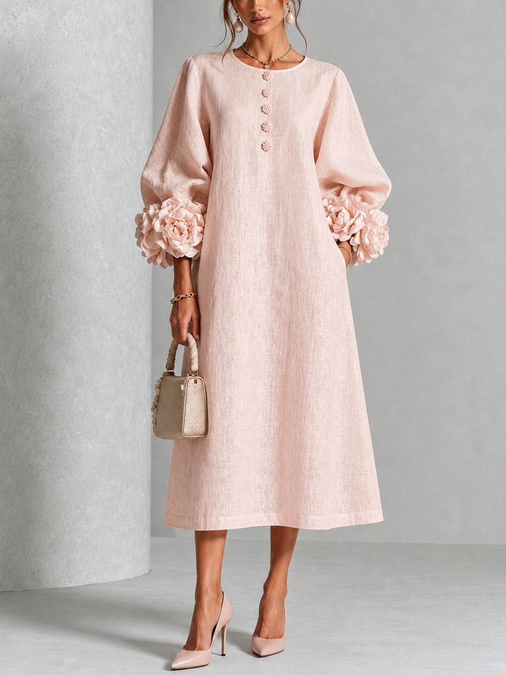 Rosetta | Floral-Cuff Buttoned Midi Dress