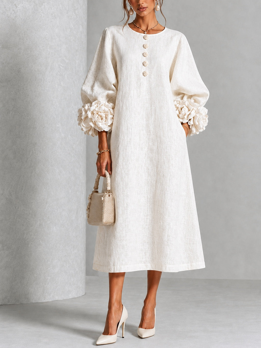 Henrietta | Floral-Cuff Buttoned Midi Dress