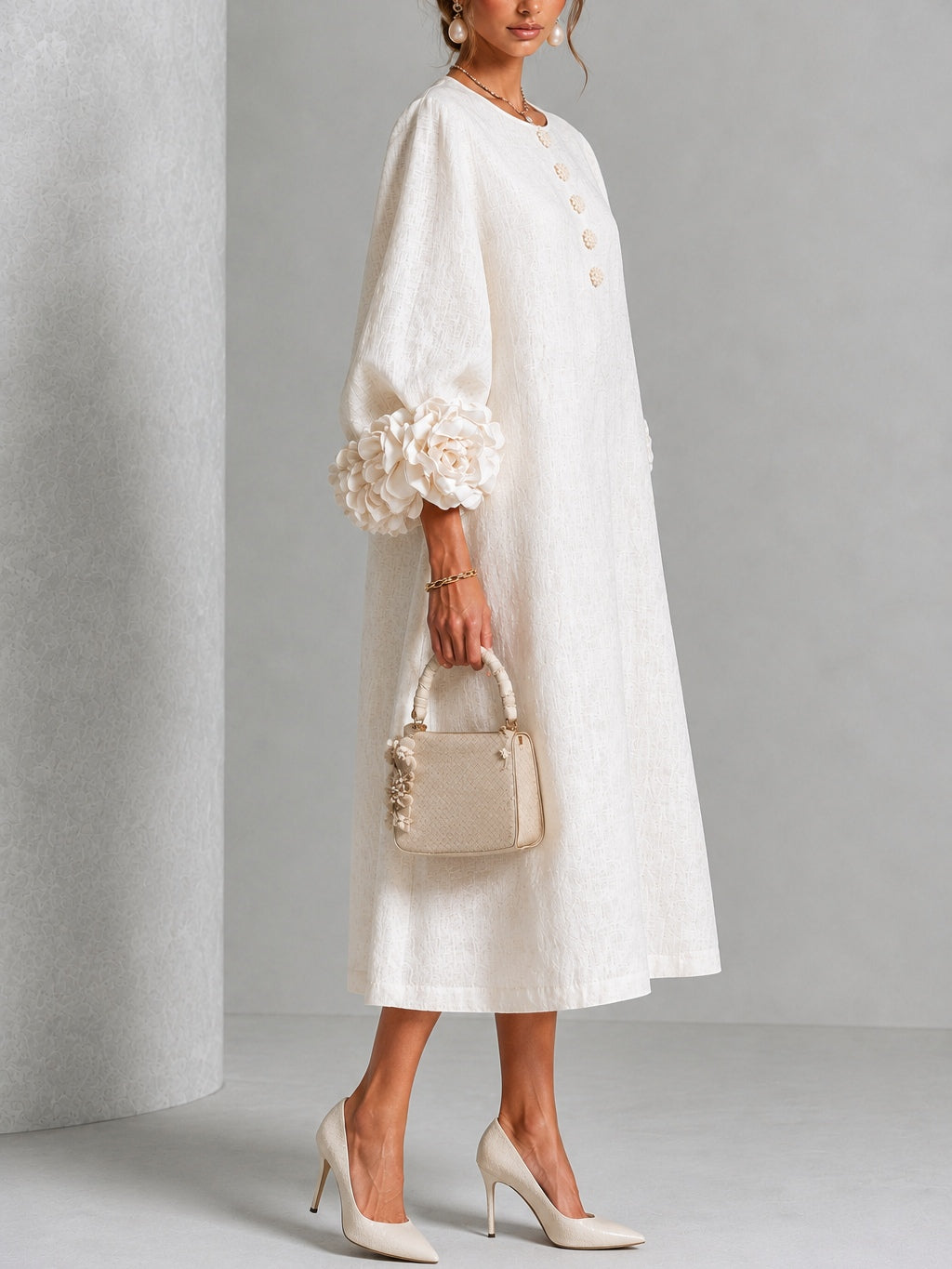 Henrietta | Floral-Cuff Buttoned Midi Dress